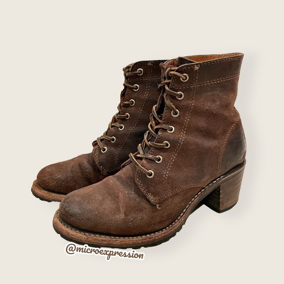 $428 Frye Sabrina 6G Lace Up Dark Brown Real Leather Suede Moto Combat Moto Boot - Picture 8 of 13